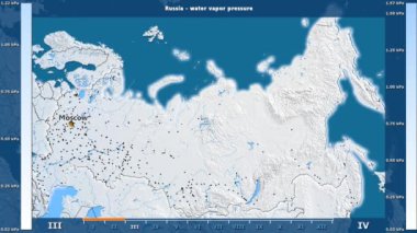 Animasyonlu gösterge - İngilizce etiketleri ile Rusya bölgede aya göre su buhar basıncı: ülke ve sermaye adları, açıklama göster. Sterografik projeksiyon