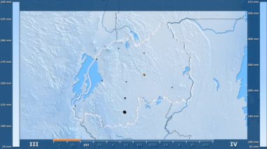 Animasyonlu gösterge - parlayan şekli, idari sınırları, ana şehirler, sermaye ile Ruanda bölgede yağış aya göre. Sterografik projeksiyon