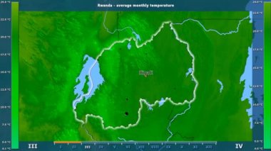 Ortalama sıcaklık ay tarafından animasyonlu efsanesi - İngilizce etiketleri ile Ruanda alanında: ülke ve sermaye adları, açıklama göster. Sterografik projeksiyon