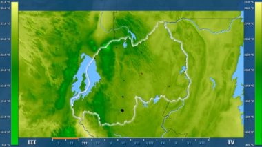 Animasyonlu efsanesi - parlayan şekli, idari sınırları, ana şehirler, sermaye ile Ruanda alanında maksimum sıcaklık aya göre. Sterografik projeksiyon