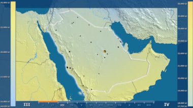 Animasyonlu gösterge parlayan şekli, idari sınırları, ana şehirler, Sermaye - Suudi Arabistan bölge güneş radyasyonu aya göre. Sterografik projeksiyon