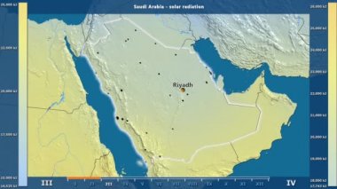 Aya göre güneş radyasyonu animasyonlu gösterge - İngilizce etiketleri Suudi Arabistan bölge: ülke ve sermaye adları, açıklama göster. Sterografik projeksiyon