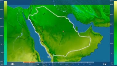 Animasyonlu gösterge parlayan şekli, idari sınırları, ana şehirler, Sermaye - Suudi Arabistan bölge ortalama sıcaklık aya göre. Sterografik projeksiyon