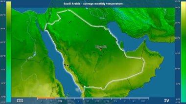 Ortalama sıcaklık ay tarafından animasyonlu gösterge - İngilizce etiketleri Suudi Arabistan bölge: ülke ve sermaye adları, açıklama göster. Sterografik projeksiyon