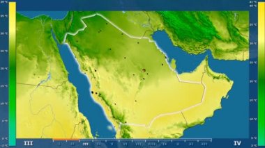Animasyonlu gösterge parlayan şekli, idari sınırları, ana şehirler, Sermaye - Suudi Arabistan bölge maksimum sıcaklık aya göre. Sterografik projeksiyon