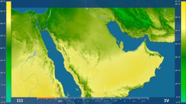 Animasyonlu efsanesi - ham renk shader ile Suudi Arabistan bölgesinde maksimum sıcaklık aya göre. Sterografik projeksiyon