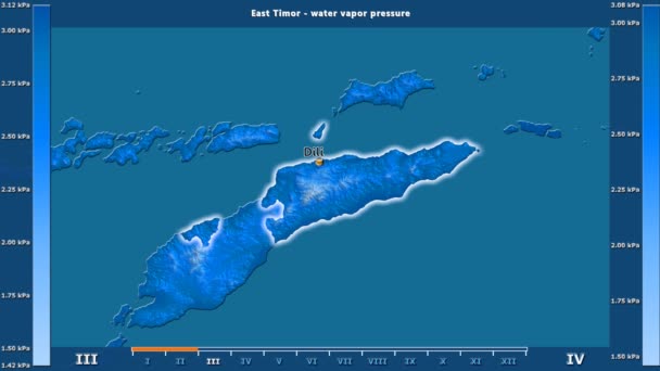 水蒸汽压力按月在东帝汶区域以生动的传奇 英国标签 国家和资本名字 地图描述 球极投影 — 图库视频影像