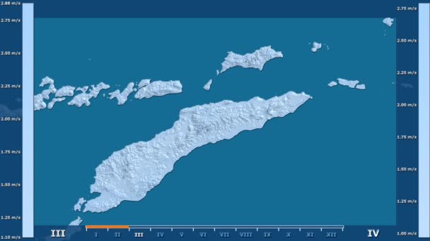 风速按月在东帝汶地区与动画传奇 原始颜色着色器 球极投影 — 图库视频影像