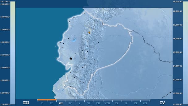 Solstrålning Månad Området Ecuador Med Animerade Legend Glödande Form Administrativa — Stockvideo