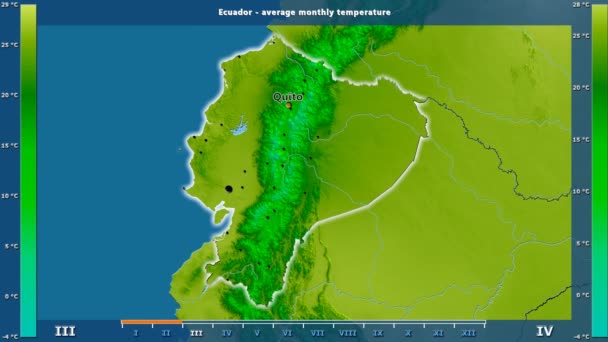 アニメーションの伝説 英語のラベルを持つエクアドル地区月別平均気温 国と首都名は マップの説明 平射図法 — ストック動画