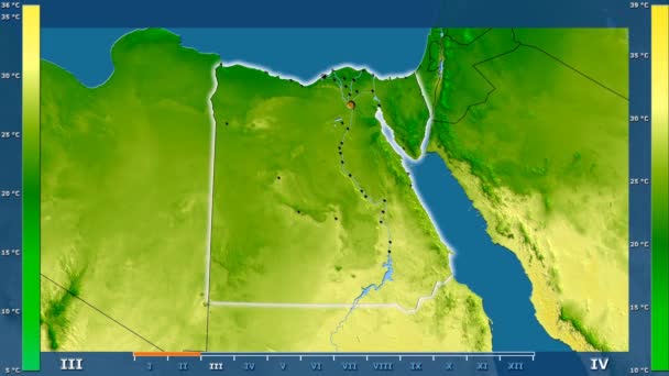 Maximální Teplota Podle Měsíce Oblasti Egypt Animovanou Legendou Zářící Tvar — Stock video