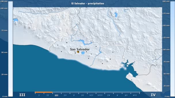 アニメーションの伝説 英語のラベルとエルサルバドル地区月別降水量 国と首都名は マップの説明 平射図法 — ストック動画