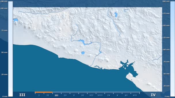 アニメーションの伝説 Raw カラー シェーダーとエルサルバドル地区月別降水量平射図法 — ストック動画