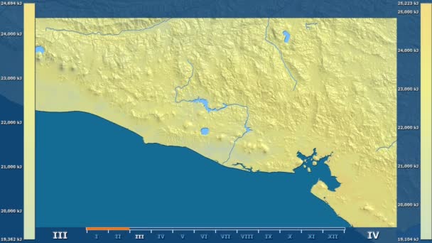 Monatliche Sonneneinstrahlung Salvador Gebiet Mit Animierter Legende Rohfarbener Shader Stereografische — Stockvideo