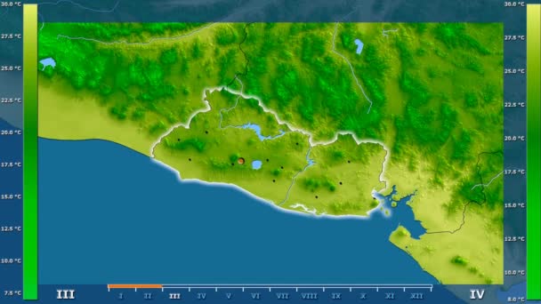 Średnia Temperatura Przez Miesiąc Okolicy Salvador Legendą Animowane Świecące Kształt — Wideo stockowe