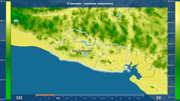 在萨尔瓦多地区的最高气温以月为动画图例 英文标签 国家和资本名称 地图描述 球极投影 — 图库视频影像