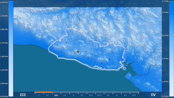 アニメーションの伝説 管理上のボーダー 主要都市 首都を光るとエルサルバドル地区月別水蒸気圧 平射図法 — ストック動画