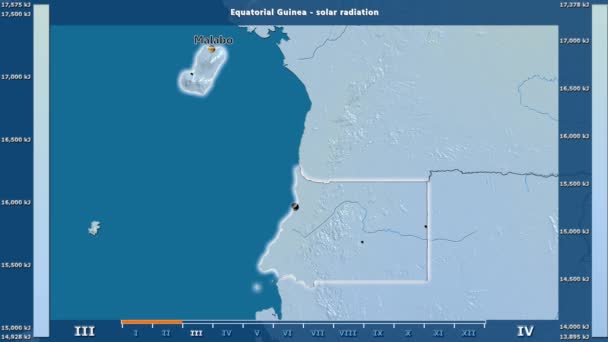 Zonnestraling Maand Het Gebied Van Equatoriaal Guinea Met Geanimeerde Legend — Stockvideo