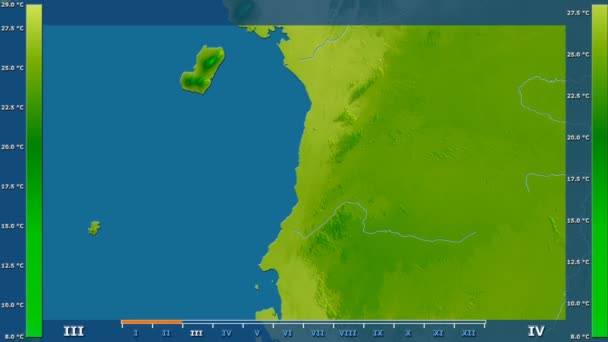 アニメーションの伝説 Raw カラー シェーダーを赤道ギニア地域の月別平均気温は 平射図法 — ストック動画