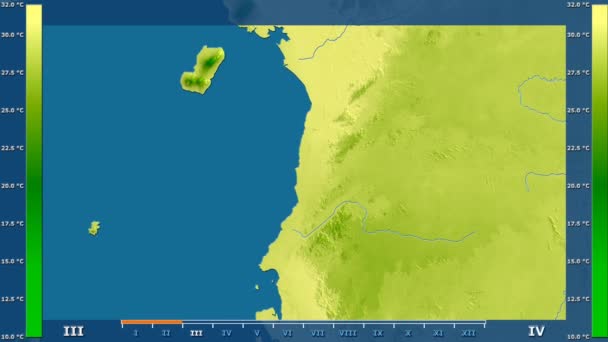 赤道几内亚地区的最高气温 与动画图例 原始颜色着色器 球极投影 — 图库视频影像