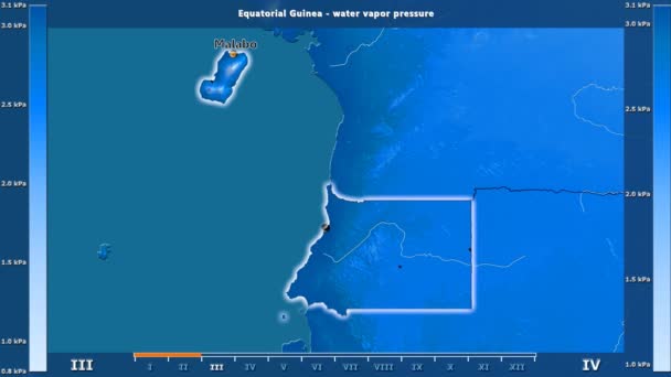 アニメーションの伝説 英語のラベルと赤道ギニア地区月別水蒸気圧 国と首都名は マップの説明 平射図法 — ストック動画
