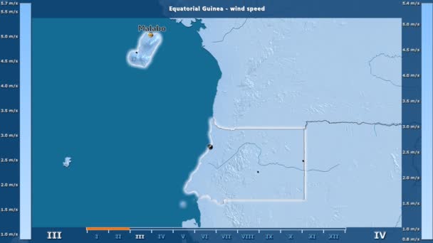Vindens Hastighet Månad Området Ekvatorialguinea Med Animerad Legend Engelska Etiketter — Stockvideo