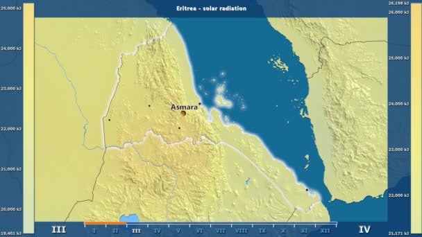 月的太阳辐射在厄立特里亚区域以生动的传奇 英国标签 国家和资本名字 地图描述 球极投影 — 图库视频影像