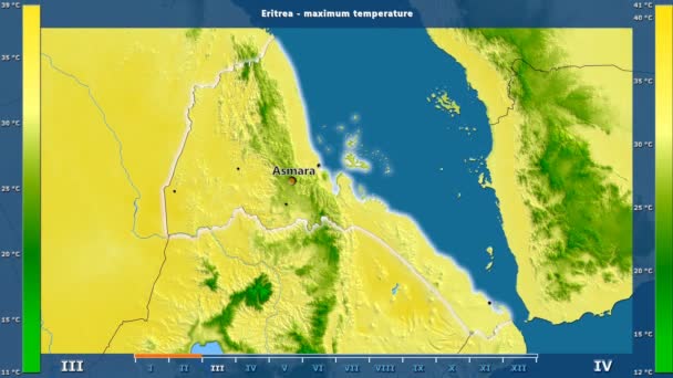 在厄立特里亚区域的最大温度以月为动画传奇 英国标签 国家和资本名字 地图描述 球极投影 — 图库视频影像