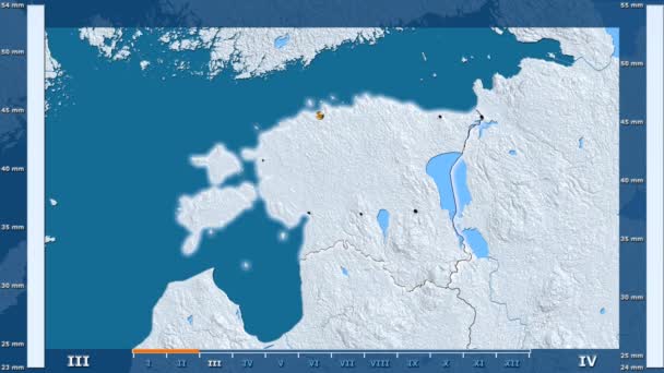 Precipitación Por Mes Área Estonia Con Leyenda Animada Forma Brillante — Vídeo de stock