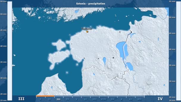 アニメーションの伝説 英語のラベルとエストニア地方の月別降水量 国と首都名は マップの説明 平射図法 — ストック動画