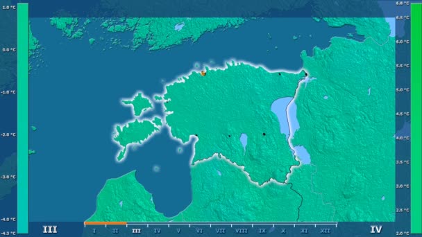 アニメーションの伝説 輝く形 管理上のボーダー 主要都市 首都のエストニア地域の月別平均気温は 平射図法 — ストック動画
