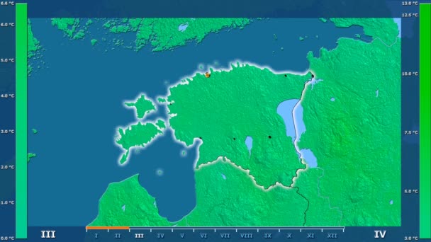 爱沙尼亚地区的最高气温按月份显示动画图例 发光的形状 行政边界 主要城市 球极投影 — 图库视频影像