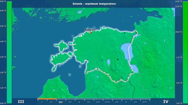 Maximale Temperatuur Maand Het Gebied Van Estland Met Geanimeerde Legend — Stockvideo