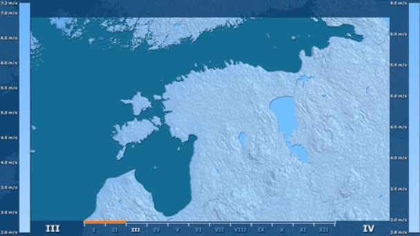 风速按月份在爱沙尼亚地区与动画图例 原始颜色着色 球极投影 — 图库视频影像
