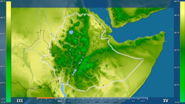 平均气温按月在埃塞俄比亚地区以动画传奇发光的形状 行政边界 主要城市 球极投影 — 图库视频影像