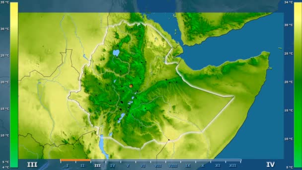 Átlaghőmérséklet Havonta Animált Legenda Izzó Alakú Közigazgatási Határok Főbb Városok — Stock videók