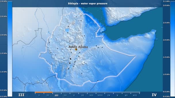水汽压力由月在埃塞俄比亚区域以生动的传奇 英国标签 国家和资本名字 地图描述 球极投影 — 图库视频影像
