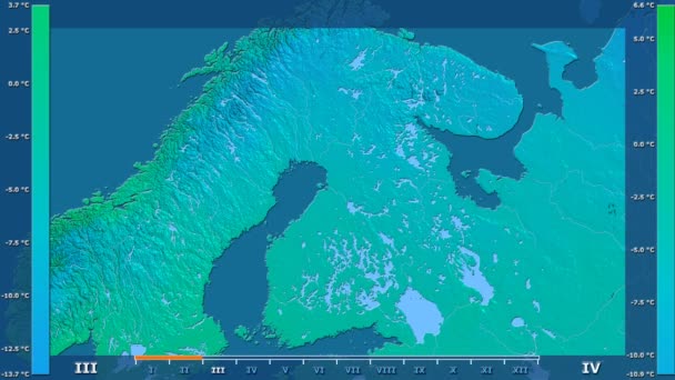 アニメーション伝説 Raw カラー シェーダーを持つフィンランド地域の月別平均気温は 平射図法 — ストック動画