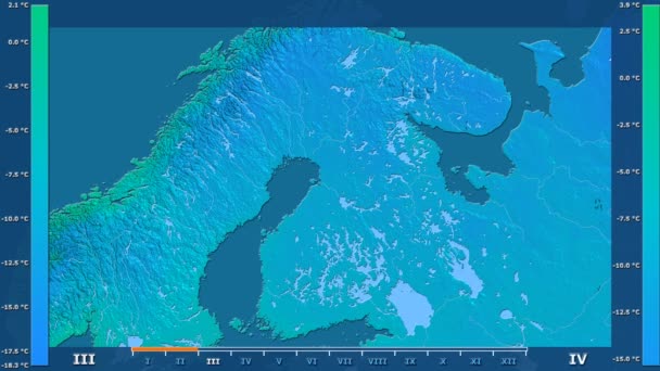 最小温度按月在芬兰区域以动画传奇 原始的颜色着色器 球极投影 — 图库视频影像