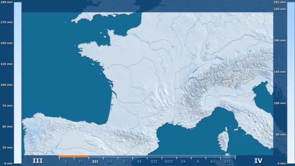 アニメーションの伝説 Raw カラー シェーダーとフランス地方の月別降水量 平射図法 — ストック動画