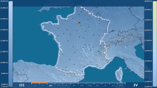 Solar Radiation Month France Area Animated Legend Glowing Shape Administrative — Stock Video