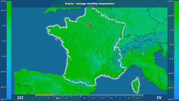 法国地区平均气温按月份显示动画图例 英文标签 国家和资本名称 地图描述 球极投影 — 图库视频影像