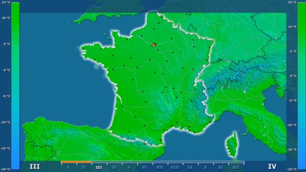 Średnia Temperatura Przez Miesiąc Obszarze Francji Legendą Animowane Świecące Kształt — Wideo stockowe