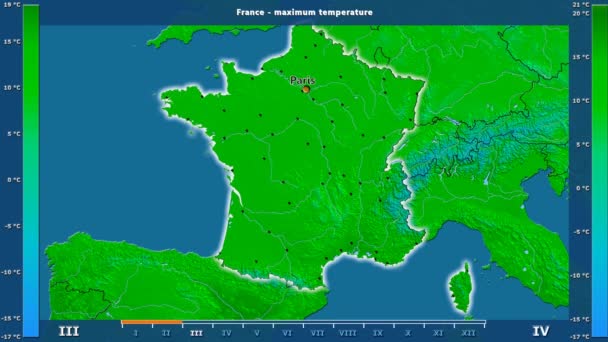 Maximale Temperatur Pro Monat Frankreich Mit Animierter Legende Englische Beschriftung — Stockvideo