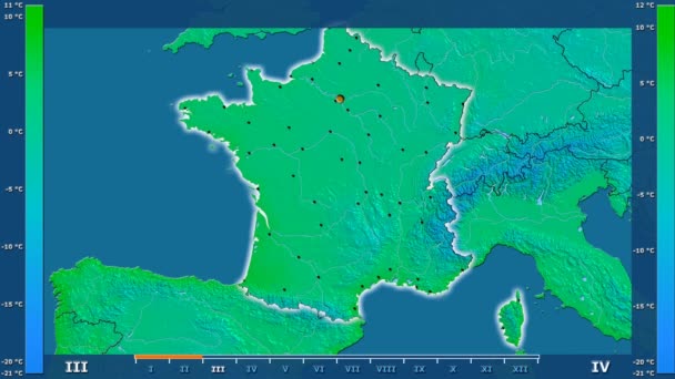 Минимальная Температура Месяцам Франции Анимированной Легендой Светящиеся Формы Административные Границы — стоковое видео