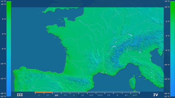最低气温按月在法国区域以动画传奇 原始的颜色着色器 球极投影 — 图库视频影像