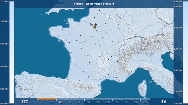 水汽压力由月在法国区域以生动的传奇 英国标签 国家和资本名字 地图描述 球极投影 — 图库视频影像