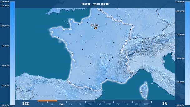 アニメーションの伝説 英語のラベルを持つフランス地区月別風速 国と首都名は マップの説明 平射図法 — ストック動画