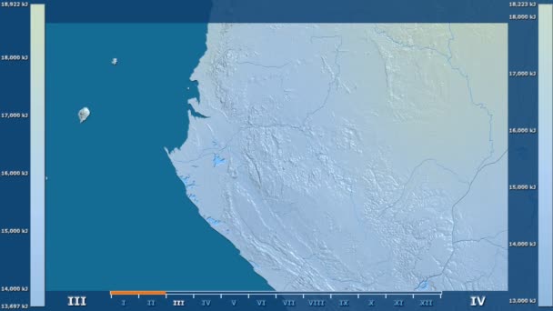 Monatliche Sonneneinstrahlung Gabunengebiet Mit Animierter Legende Roher Farbshader Stereografische Projektion — Stockvideo