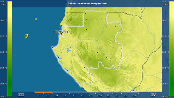 Maximal Temperatur Månad Området Gabon Med Animerade Legend Engelska Etiketter — Stockvideo